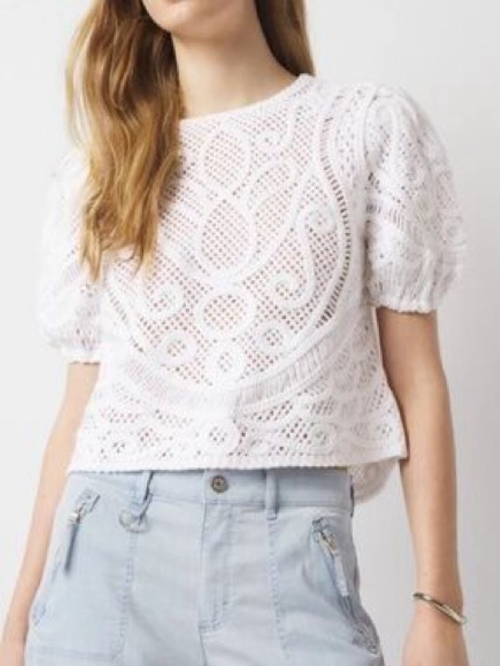 White House Black Market White Crochet Puff-Sleeve Blouse